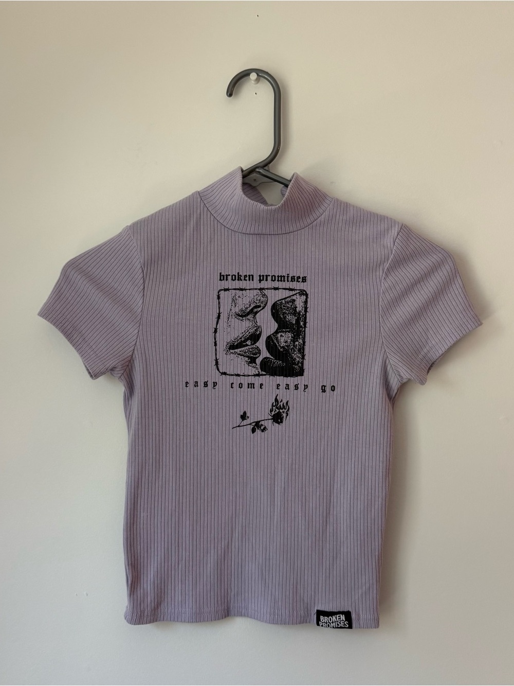 Broken Promises Lilac Ribbed Mock Neck Crop Top "Easy Come Easy Go" Size Small